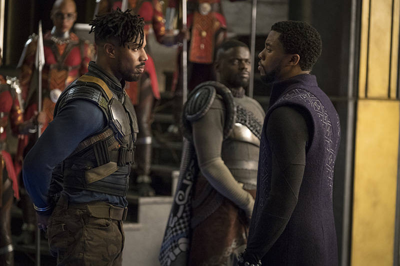 Erik Killmonger (Michael B. Jordan) and T'Challa/Black Panther (Chadwick Boseman), and W'Kabi (Daniel Kaluuya).