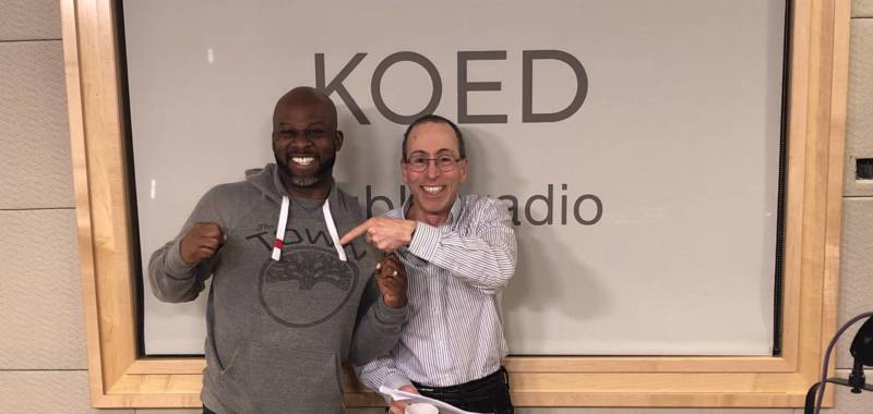 Marc Bamuthi Joseph and Cy Musiker in the studio at KQED