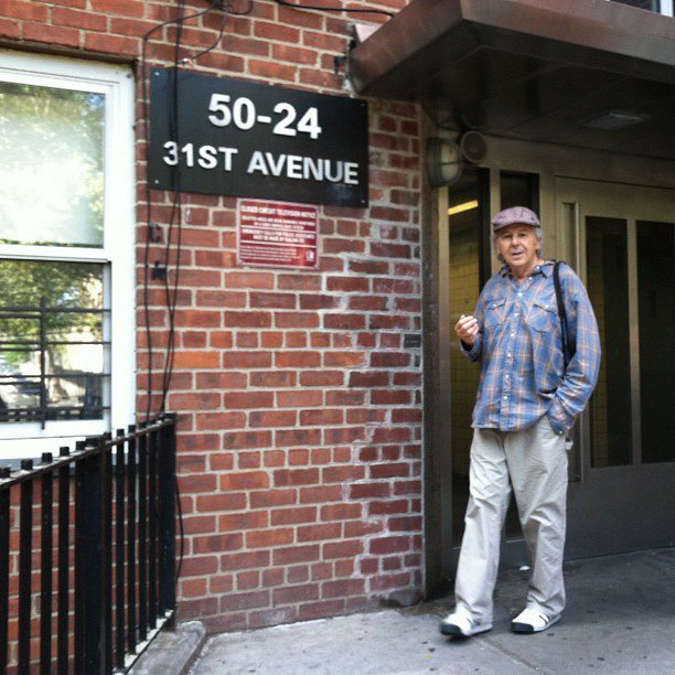 Ted Pushinsky in 2014, in front of his childhood apartment building in Woodside, Queens, NY where he lived until he was about 9 or 10 years old. 