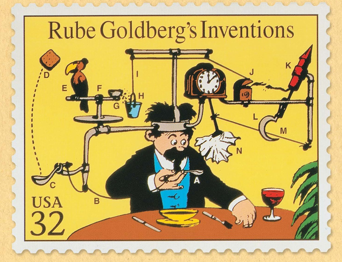 Rube Goldberg, 'Rube Goldberg Inventions United States Postal Service Stamp' (included on sheet of "Comic Classics" stamps), date unknown.