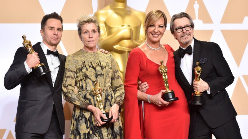 (L-R) Actor Sam Rockwell, winner of the Best Supporting Actor award for 'Three Billboards Outside Ebbing, Missouri;' actor Frances McDormand, winner of the Best Actress award for 'Three Billboards Outside Ebbing, Missouri;' actor Allison Janney, winner of the Best Supporting Actress award for 'I, Tonya;' and actor Gary Oldman, winner of the Best Actor award for 'Darkest Hour,' poses in the press room during the 90th Annual Academy Awards at Hollywood & Highland Center on March 4, 2018 in Hollywood, California.  