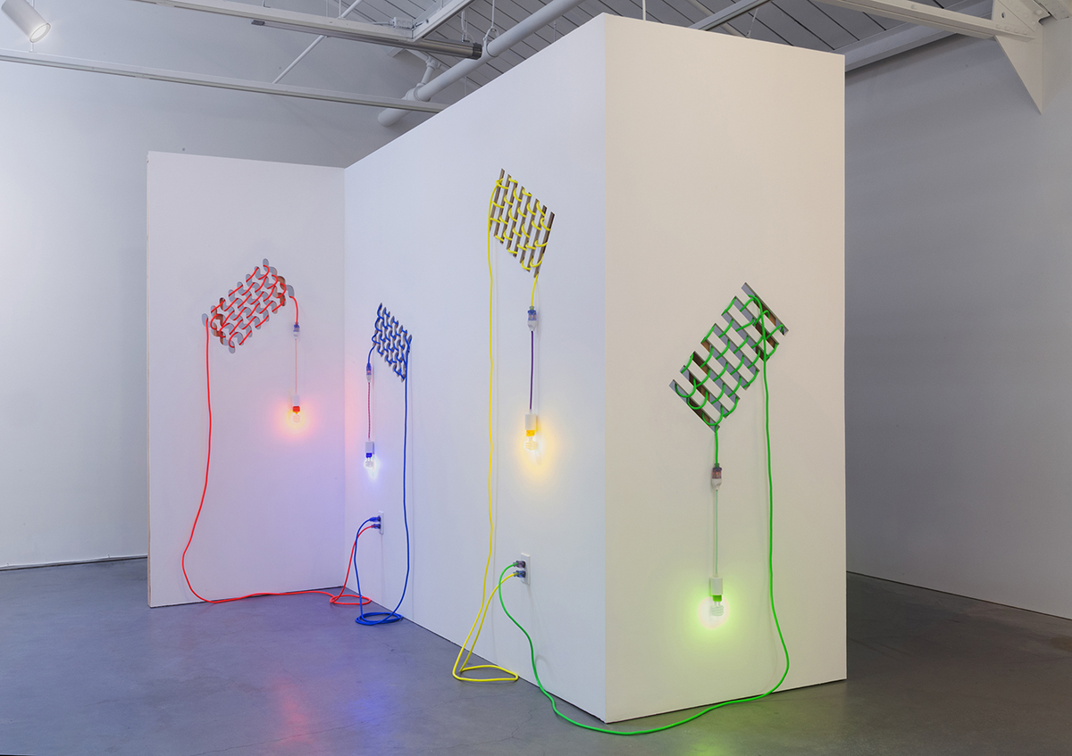 Dana Hemenway, 'Untitled (Drywall Weave),' 2016. Lasercut drywall, wood, cords, custom fixtures, colored compact fluorescent light bulbs; installed at Eleanor Harwood Gallery.