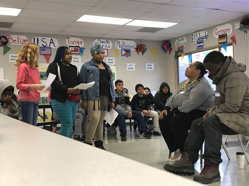 Mitzi Lewis, a formerly homeless Oakland resident, talks about her life experiences with students from Sol Middle School in East Oakland.