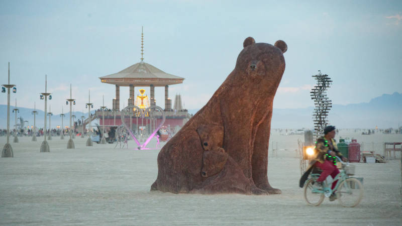 "Ursa Mater" aka "Mama Penny Bear" on the Playa at Burning Man. "It's battle tested," says Robert Ferguson. "You're out in the desert in wind, blowing sand, heat, rain. And people are at it, 70,000 of them. At the end of the day, it comes home intact, you know you have something that's going to be able to be in the public eye."