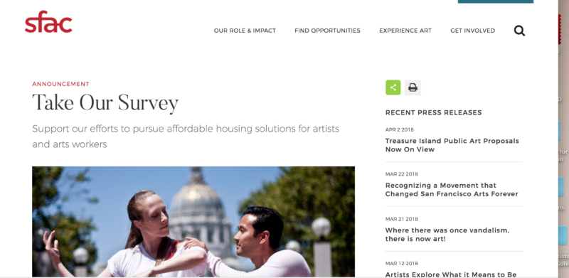 Part of the front page of the San Francisco Arts Commission’s online artists’ survey.