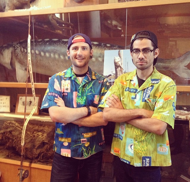 Dudes showing off sweet Hawaiian shirts found at the Crockett Museum