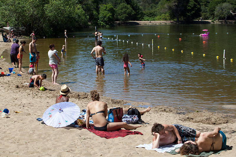 Beachgoers wade into the water at Lake Anza in the East Bay's Tilden Regional Park
