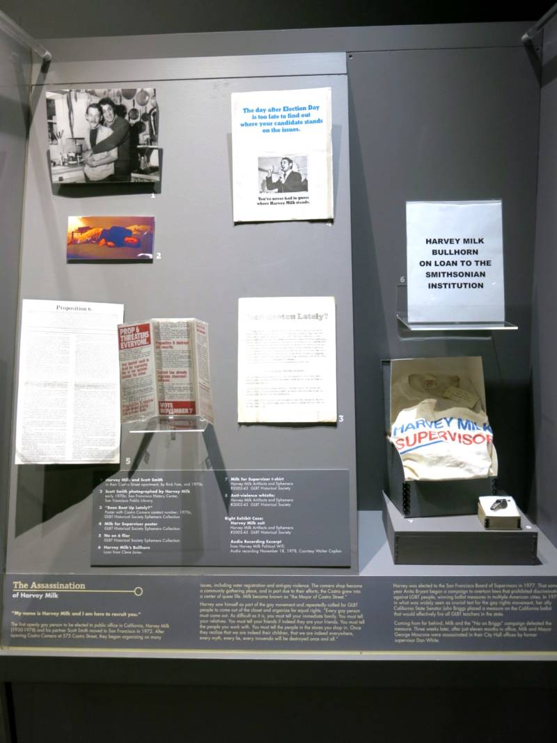 GLBT museum display case showing spot where Milk's iconic bullhorn usually sits. 