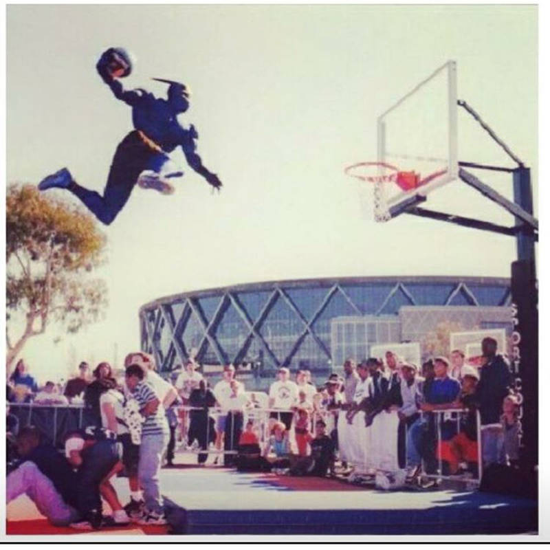 Thunder hitting a dunk for the fans outside the arena, 1990s.