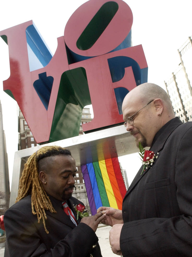 In 2004, the Rev. Jeffrey Jordan, left, and David Pickett exchanged vows at a same-sex commitment ceremony in Philadelphia's LOVE Park -- officially known as John F. Kennedy Plaza