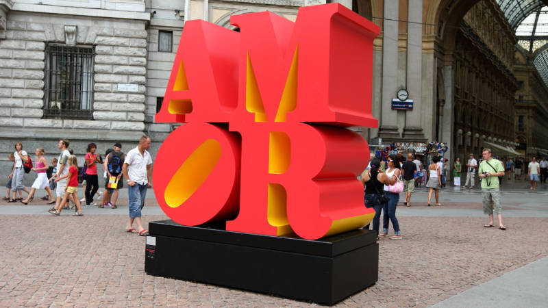 A Robert Indiana installation of "AMOR" on exhibit in Piazza della Scala in Milan, Italy, in 2008