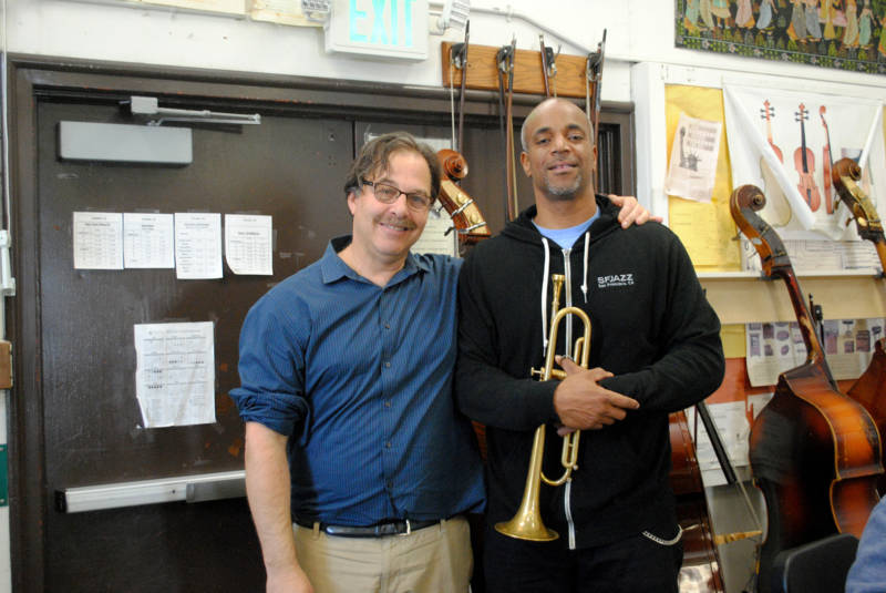 Band teacher Randy Porter and visiting artist Christopher Clarke, who teaches at Westlake Middle School thanks to SFJAZZ' Jazz in Session initiative. 