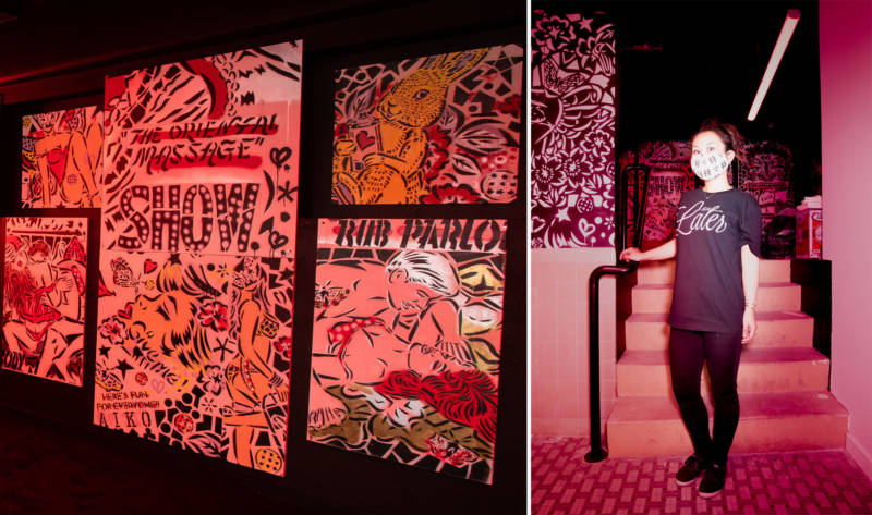 Left: AIKO's red-light district room is filled with erotic, comic book-like images. Right: AIKO (pictured) has shown her work in Rome, Shanghai and New York, where she's now based.