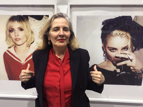 Maripol styled Blondie for the Parallel Lines album cover and Madonna for the Like a Virgin album cover. She appears here in front of her photographs at 'Beyond the Streets.'