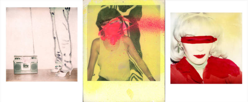 'Beyond the Streets' features blown-up prints of Maripol's Polaroids, some of which she has scratched and marked up to create new works of art. (Pictured, left to right: Boombox with Legs, 1978; DayGlo Splash, 1978; Self Portrait Little Red Riding, 1980)