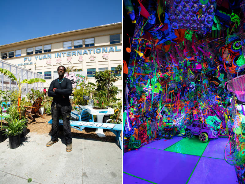 Left: Artist Ron Finley, aka the Gangsta Gardener, constructed one of his outdoor gardens for the exhibition. Right: Artist Kenny Scharf contributed a Day-Glo, black-lit room.