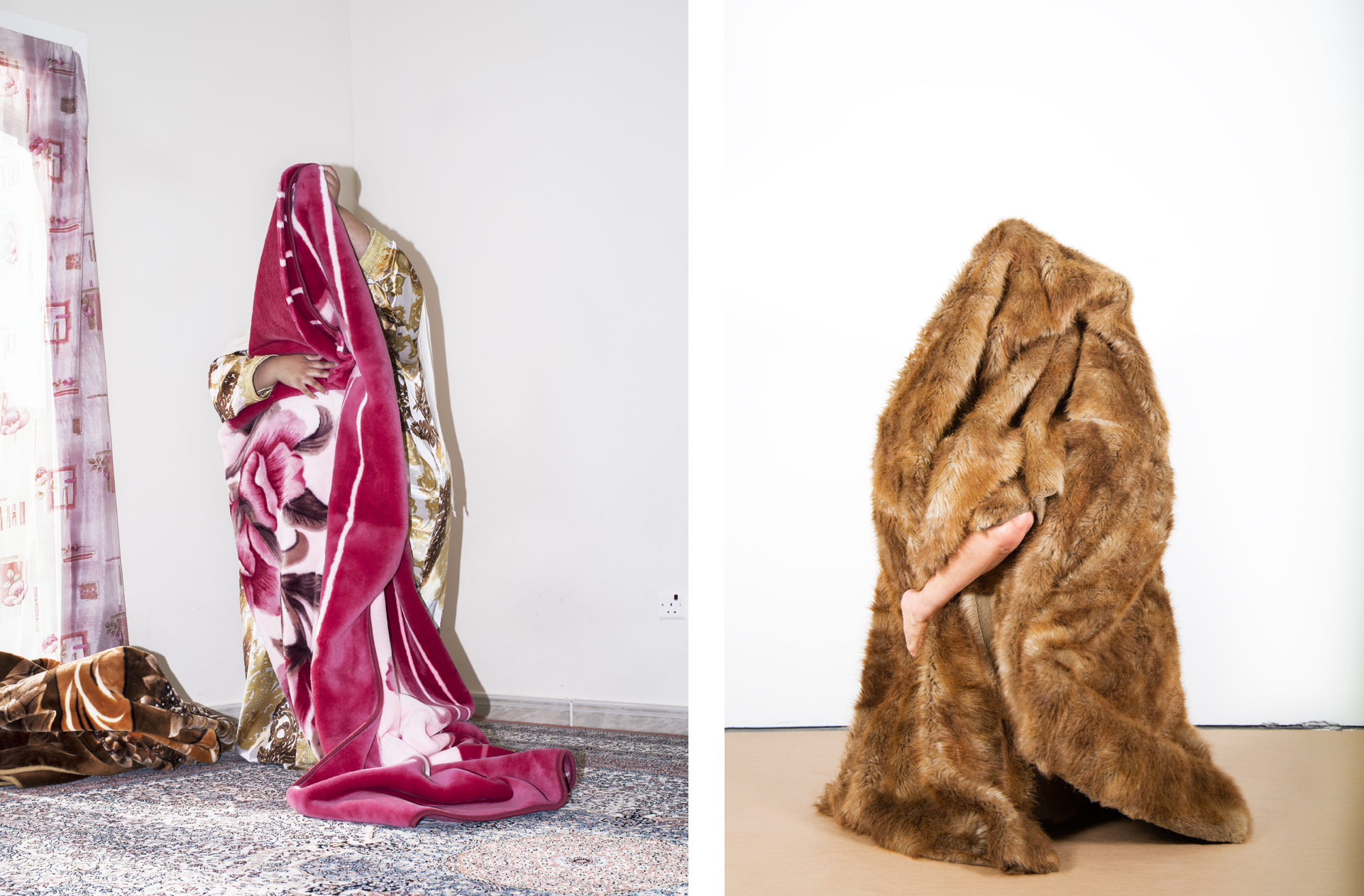 Left: Farah Al Qasimi, 'S Folding Blanket,' 2016; Right: Marcela Pardo Ariza, 'Julie II' (from the 'VOIDS' series), 2018.
