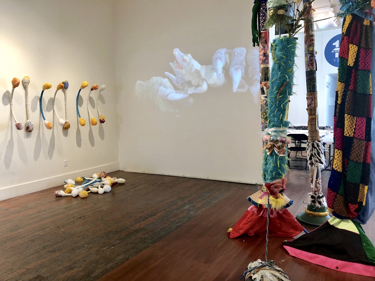 Installation view of 'Funk Ain't Dead,' with Katie Chin's 'Cash Flow' at left, Keesoo Kwon's 'Genesis' at center and Jose Figueroa's 'Totems' at right.