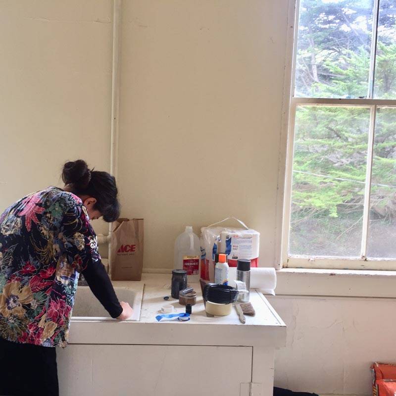 Gala Porras-Kim at work during her current residency at Headlands Center for the Arts. 
