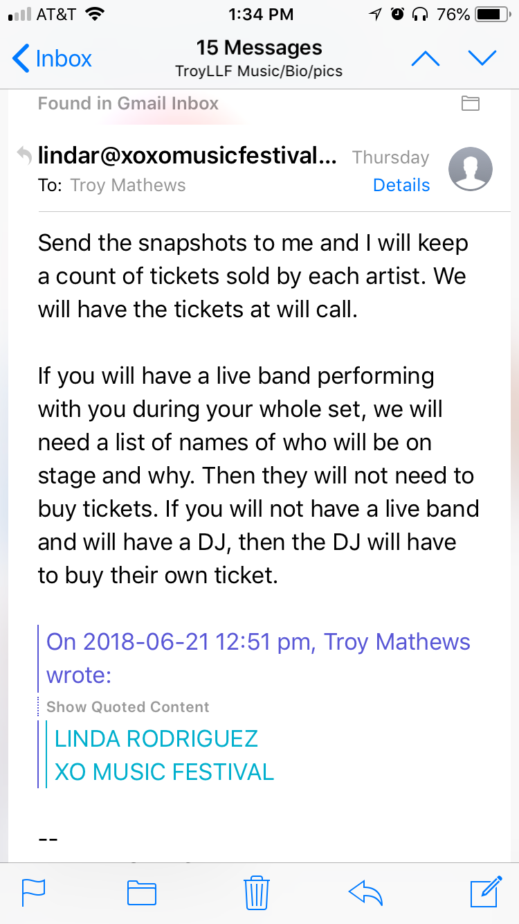 In an email, XO Festival's Linda Rodriguez told artist TroyLLF that his DJ would have to purchase a ticket despite being part of the show. 