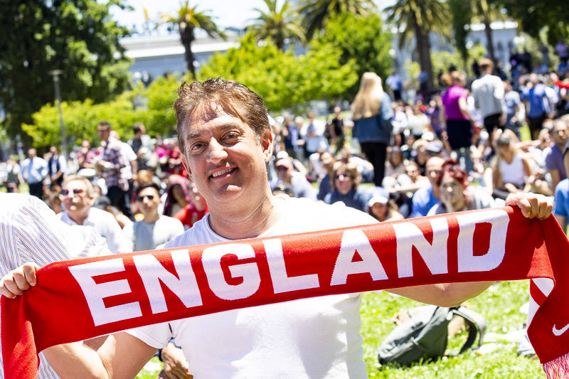 Warren Jackson roots for England at the World Cup Semi-final Viewing Party on Wednesday, July 11 at Sue Bierman Park in San Francisco.