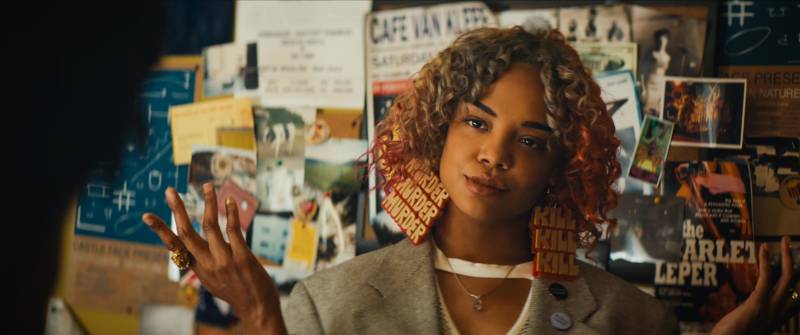 Tessa Thompson in 'Sorry to Bother You,' with earrings designed by J. Otto Seibold.