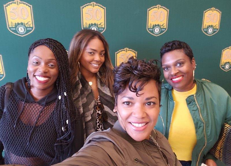 A's fans Tasha Dial, Tiffany Stapleton, KaSelah Crockett and Monique Nichols (L–R) at African American Heritage Night at the Coliseum.