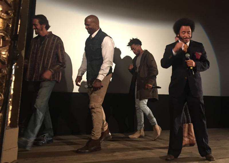 Boots Riley (at right) at the premiere of 'Sorry to Bother You' at the Grand Lake Theatre, April 12, 2018, with cast members Michael X. Sommers, Terry Crews and Jermaine Fowler (L–R).