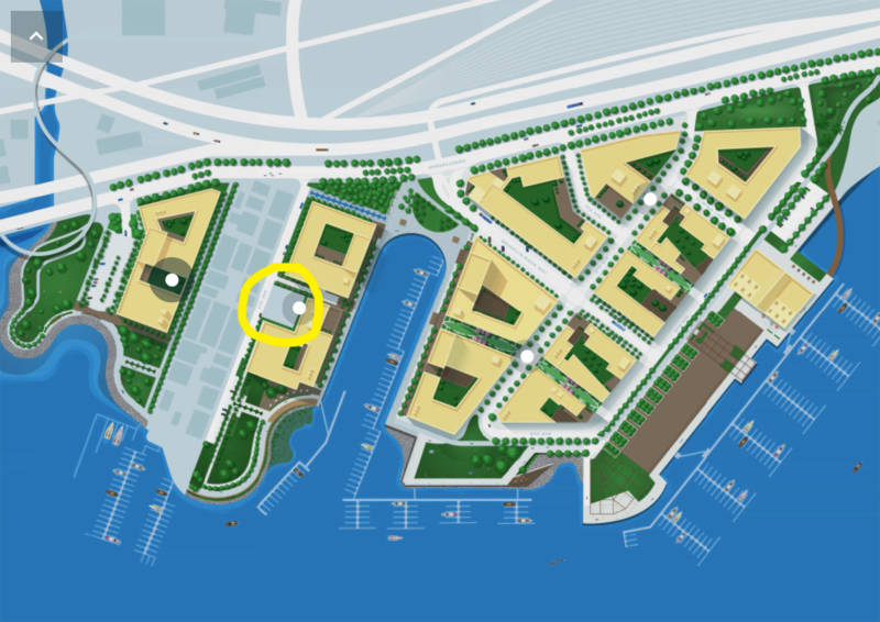 A map of the scheduled Brooklyn Basin development, showing Shadetree at left, circled in yellow. 