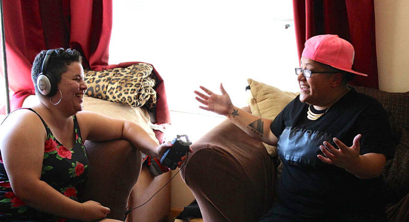 Photo of Nia interviewing Gabby Rivera for her podcast 'We Want the Airwaves.'