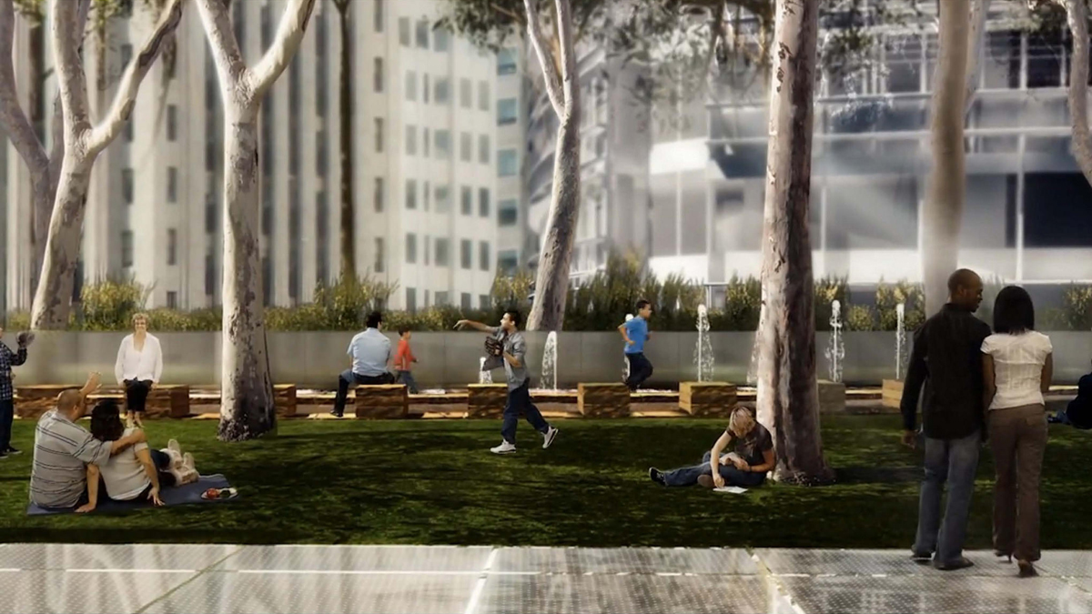 A rendering of the Transit Center's rooftop park, with Ned Kahn's 'Bus Jet Fountain' in the background.