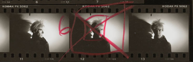 Detail from a contact sheet of Andy Warhol, 1986.