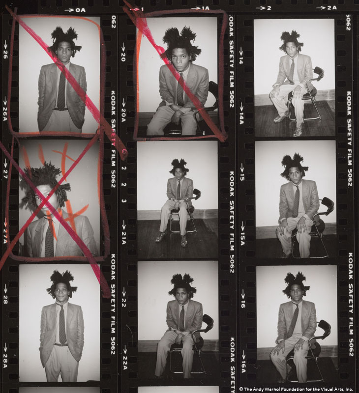 Detail from Contact Sheet [Jean-Michel Basquiat photo shoot for Polaroid portrait; Andy Warhol, Bruno Bischofberger], 1982. Gelatin silver print. 