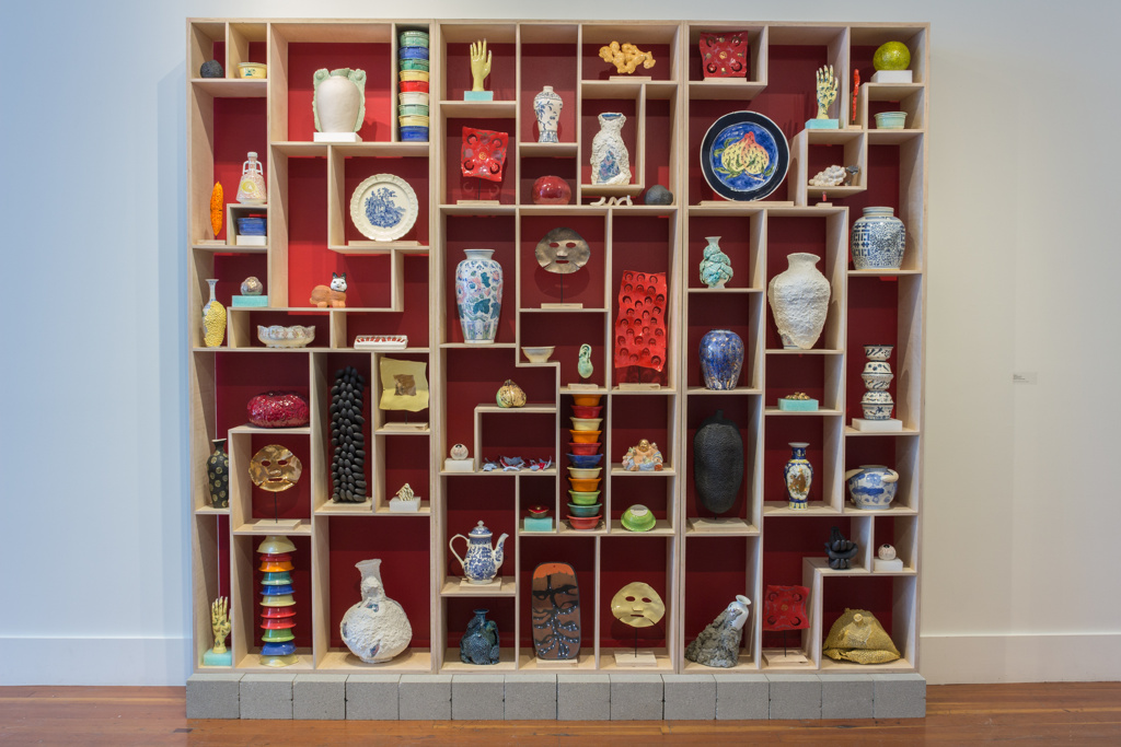 Cathy Lu, 'Treasure Case,' 2016. The shelves reference a display in San Francisco's Asian Art Museum, a replica of a display shelf from the Forbidden Palace, PRC.