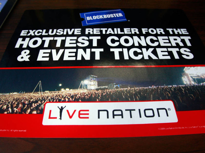 A 2009 Blockbuster sign advertising Live Nation's ticket sales, publicized shortly before the latter company's merger with Ticketmaste