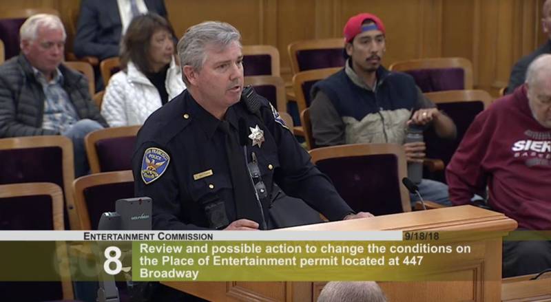 SFPD officer Steve Matthias, named in a racial discrimination lawsuit, appears before the Entertainment Commission in 2018.