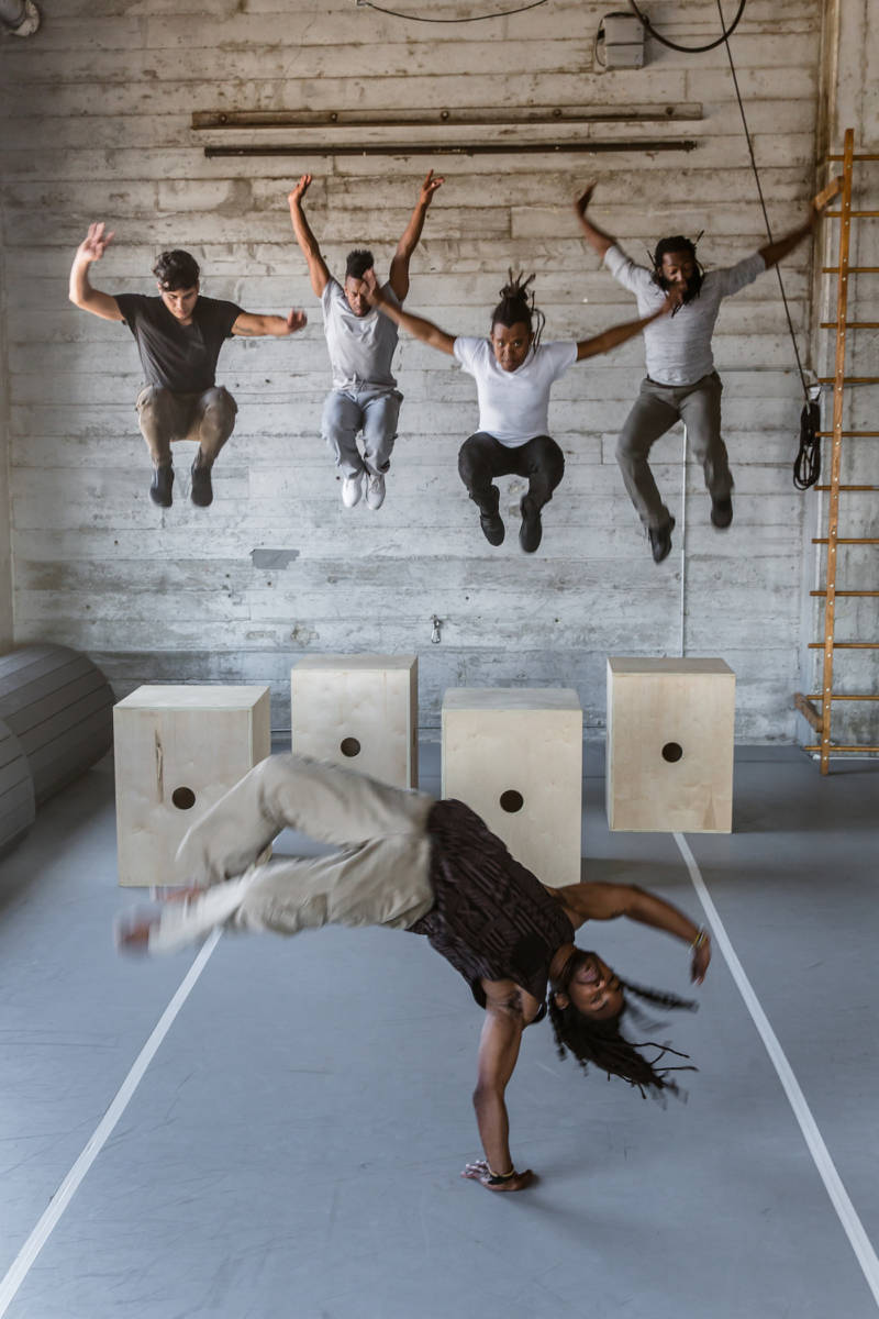 (L–R) Adonis Martin, Delvis Friñon, José Abad, Antoine Hunter and (front) Jarrel Phillips in Joanna Haigood's 'Picture Bayview Hunters Point' for Zaccho Dance Theatre. 
