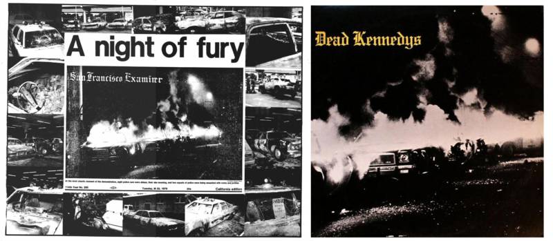 At left, the front page of the San Francisco Examiner after the "White Night" riots followed Dan White's voluntary manslaughter verdict; at right, the cover of the Dead Kennedys' 'Fresh Fruit for Rotting Vegetables.'.
