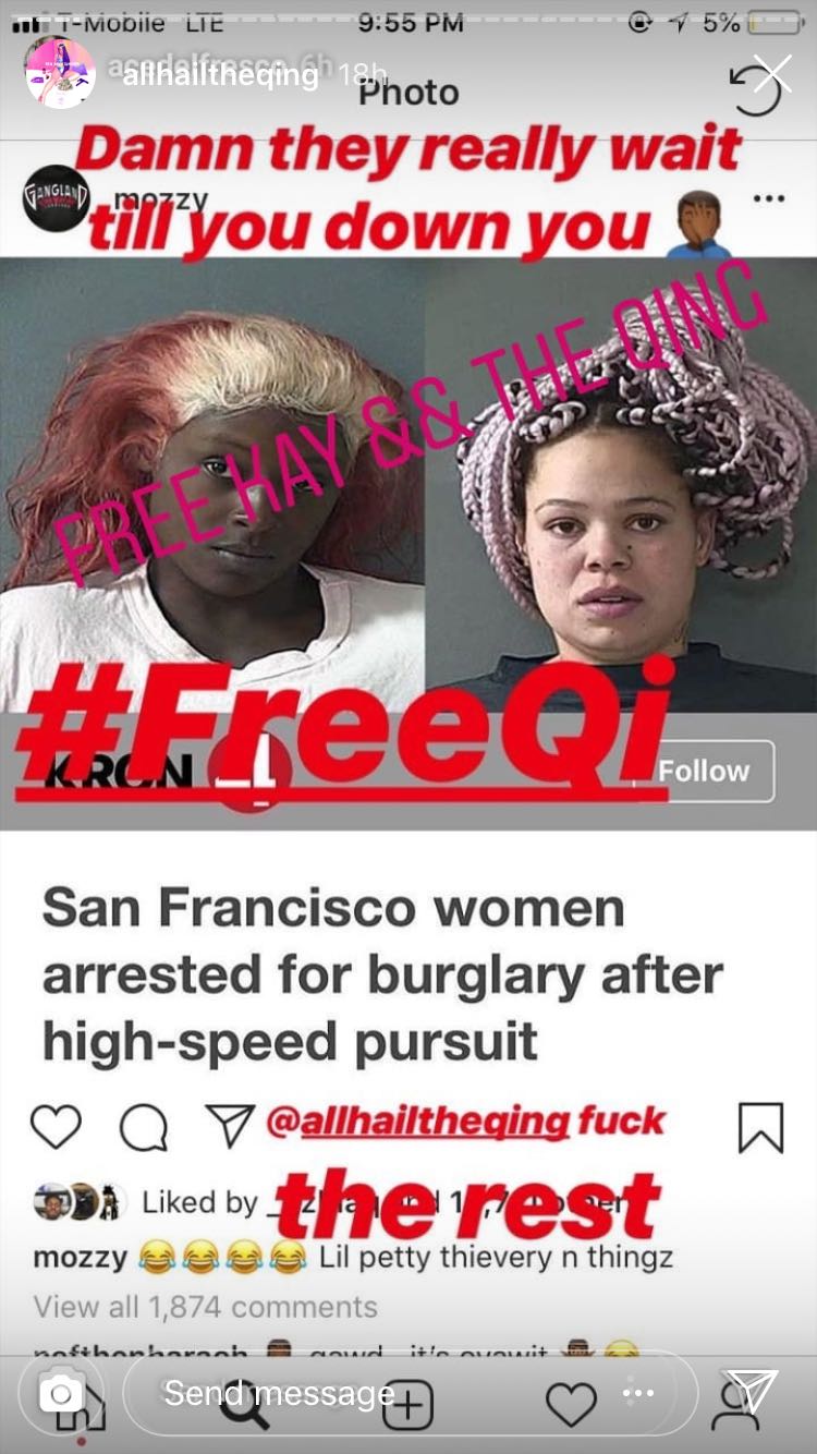 A screen shot of a screen shot of Mozzy's Instagram post with Qing Qi's mugshot. 