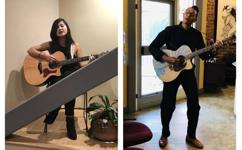 (L–R) Bianka Alloyn and Alfa Garcia perform at 'Romantic Songs of the Patriarchy' at the Women's Building in San Francisco. 