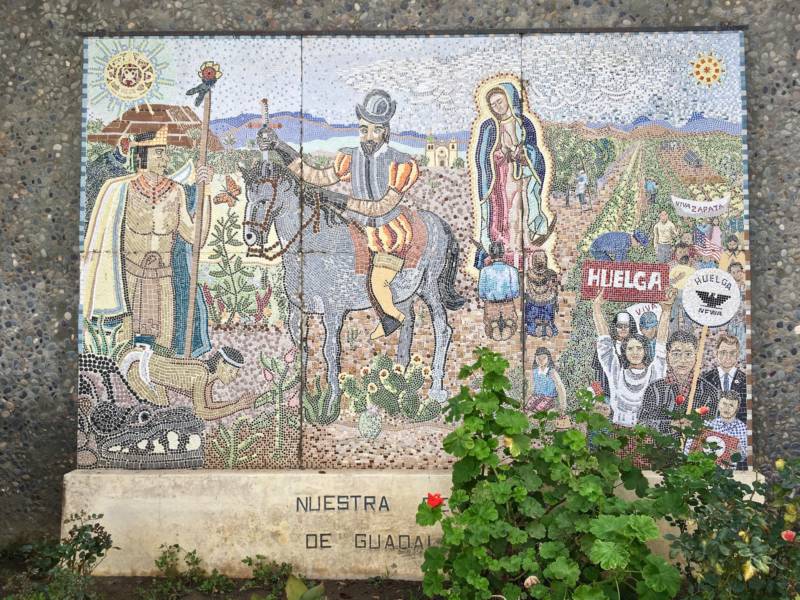 "Nuestra Senora de Guadalupe" by Katherine M. Oppenheimer, Marie G. Hutton, and Lois C. Cronemiller. The mosaic is visible from the street but you'll want to walk on to the campus of Our Lady of Guadalupe Church in San Jose to get a closer look.