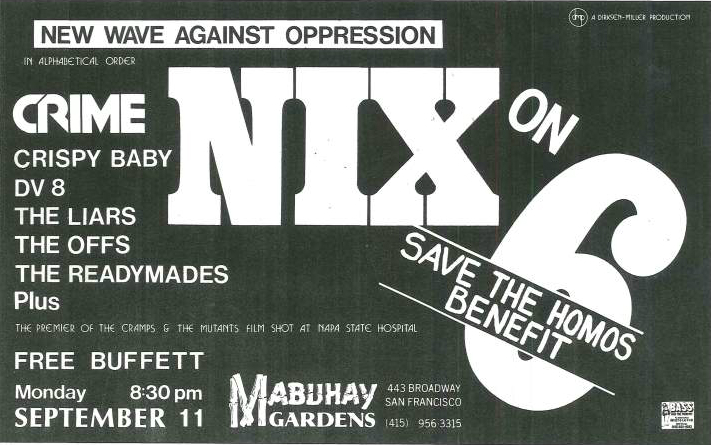 A flyer for a 'Nix on 6' benefit at Mabuhay Gardens.