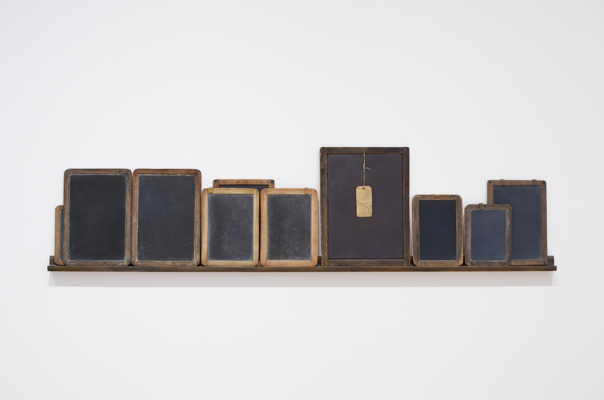 Vija Celmins, 'Blackboard Tableau #1,' 2007–10; three found tablets and seven made objects (wood, acrylic paint, alkyd oil, pastel, string, paper, and graphite).