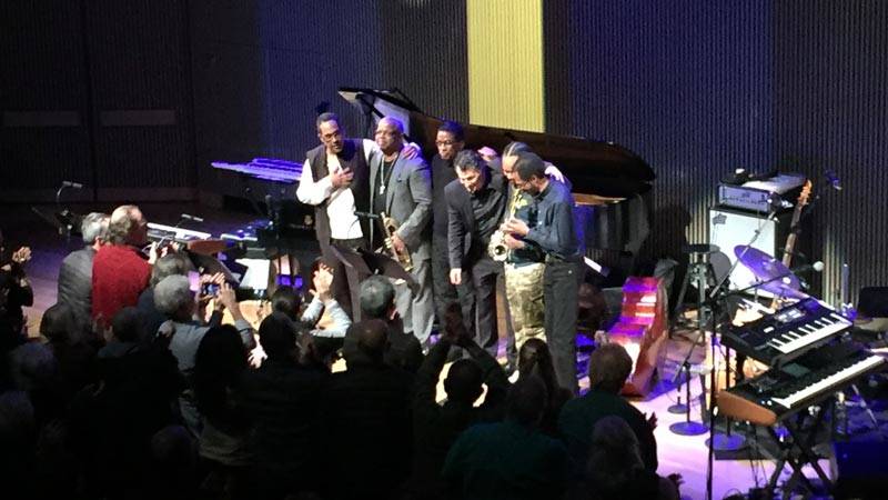 Danilio Pérez, Terence Blanchard, Herbie Hancock, John Patitucci, Terrace Martin and Brian Blade (L–R) take a bow after performing the music of Wayne Shorter at SFJAZZ, Jan. 3, 2019.