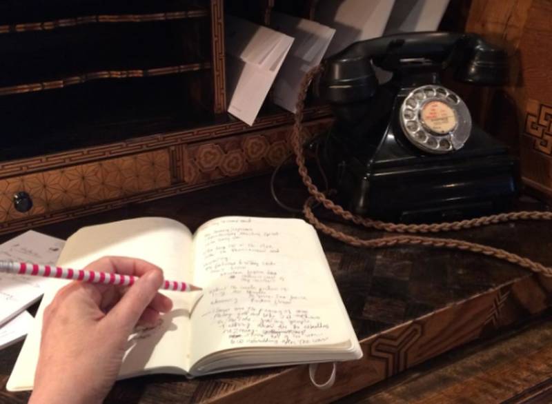 Patti Smith's desk at a hotel in London, posted on her Instagram.