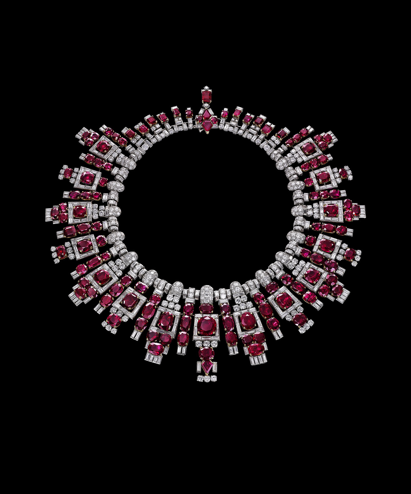 Nawanagar ruby necklace, Cartier, London, 1937. Platinum, rubies, and diamonds, 8 1/16 x 7 11/16 in.