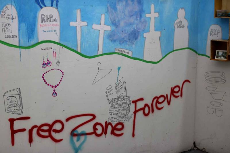 A tenants' shrine to the "Free Zone" at the Vulcan in East Oakland.
