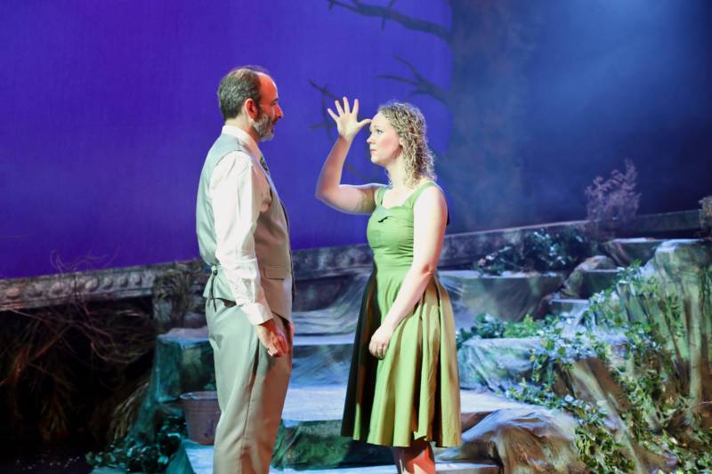 In City Lights' production of Sarah Ruhl's 'Eurydice,' Eurydice (Lauren Rhodes) signs 'father' to her lost father (Brian Rhodes).