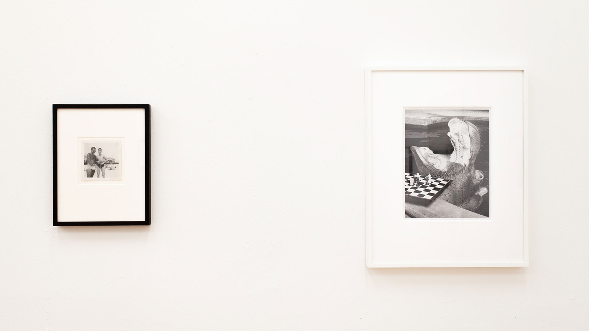 Installation view of 'Fries With That...?' L: Photographer unknown, [Men in swim trunks], ca. 1950; R: Photographer unknown, 'Untitled,' ca. 1960.