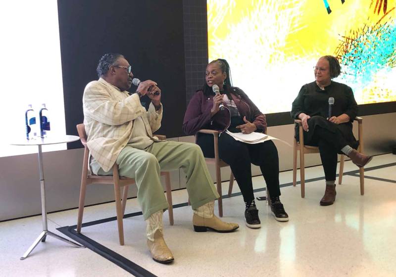 Ayodele Nzinga (center) moderates a panel at the Apple store in San Francisco with musician Tom Bowden (left) and filmmaker Cheryl Fabio (right) in February 2019.